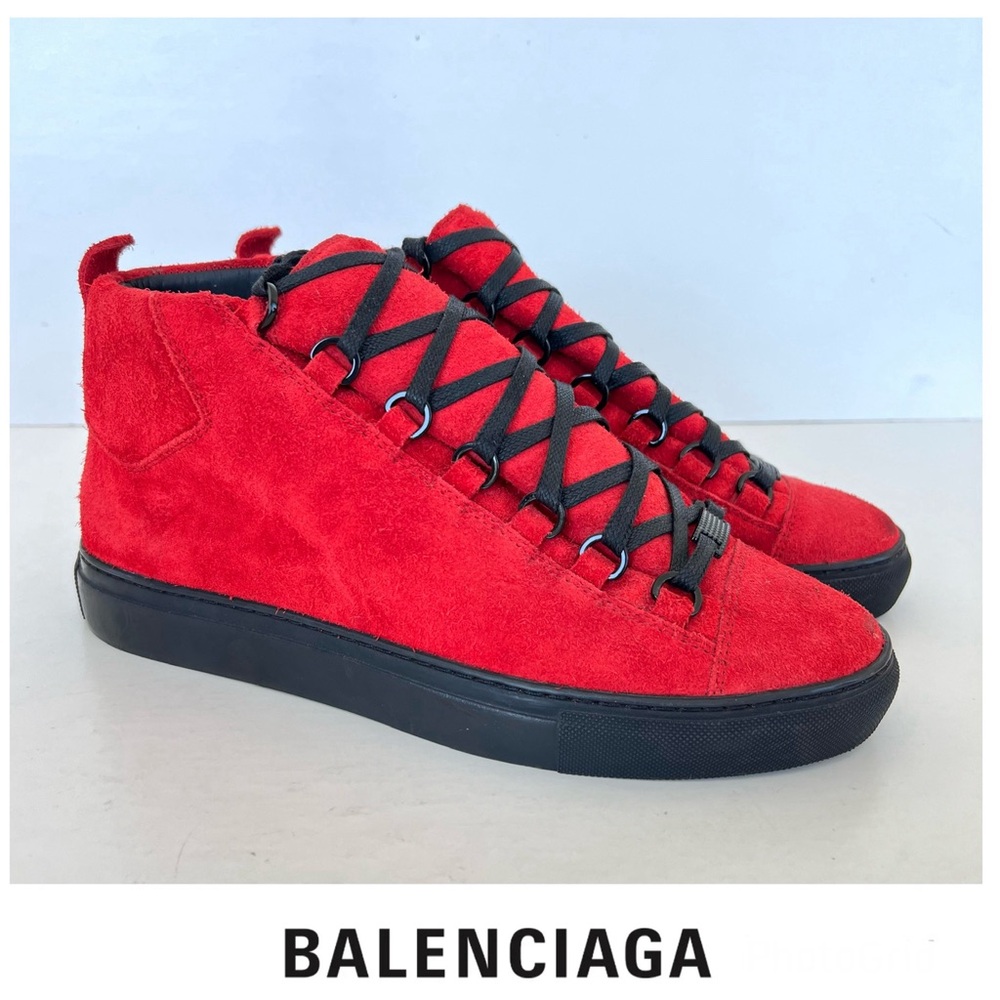 BALENCIAGA Arena Pavot Red Suede Black Trim High Top Lace Up Sneakers Sz 39